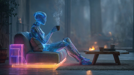 A robot figure sits glowing couch, sipping warm beverage serene, misty environment. scene evokes sense of tranquility and advanced