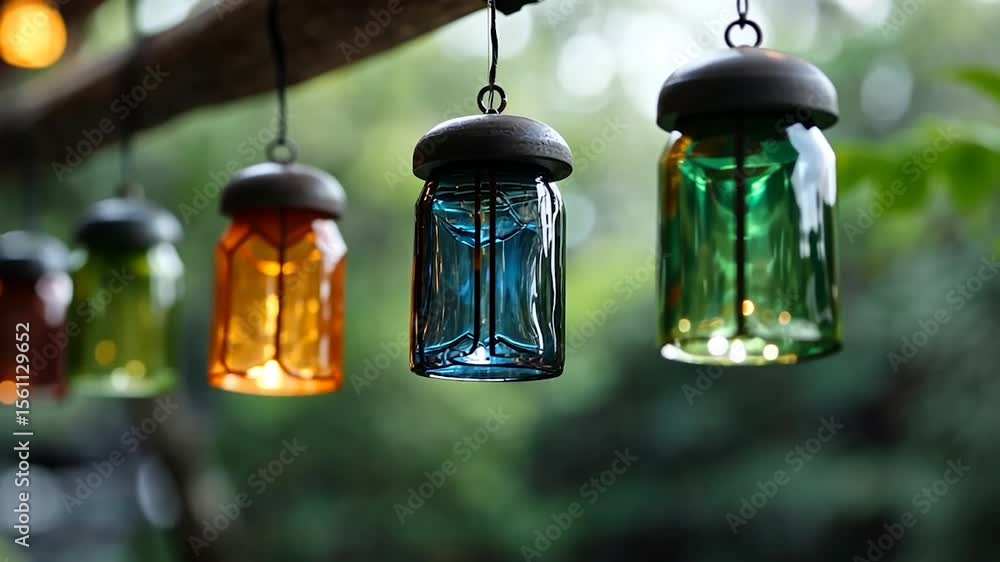 Poster close up of colorful hanging lanterns strung on a tree branch creating festive mood. various colored