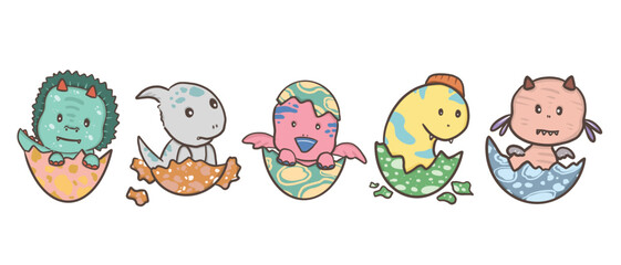 5 cartoon baby dinos are hatching from patterned eggs 1 broken shell on white background