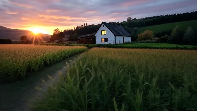 Scenic sunset over a countryside home with a path leading through a cornfield capturing a serene and peaceful atmosphere