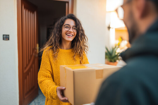woman receiving a delivery package from online shopping at her doorstep - Powered by Adobe