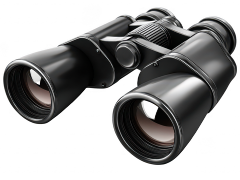 Black binoculars, adjustable, focused on a distant object