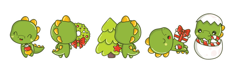 Cartoonish green dinosaur illustrations with Christmas themes