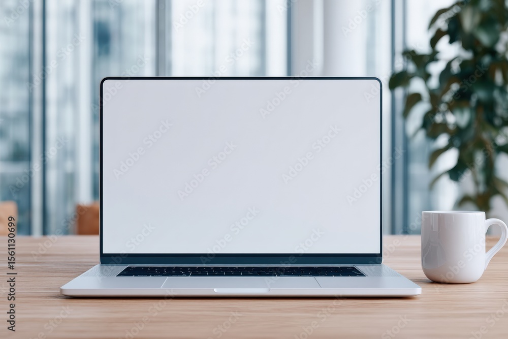 Poster open laptop computer displaying a blank screen with a coffee mug on a wooden table in a modern offic