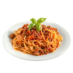Delicious spaghetti bolognese with fresh basil garnish isolated on transparent background