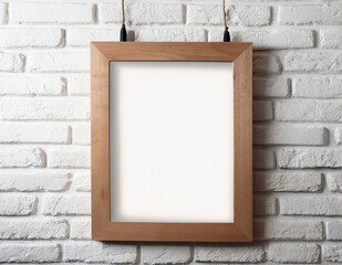 Mock up photo of large empty wooden frame hanging on white brick wall