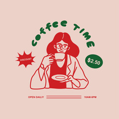 Women drinking coffee. Hand drawn style. Illustrations. Logo