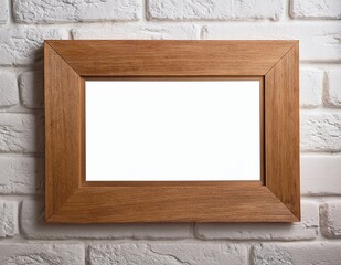 Mock up photo of large empty wooden frame hanging on white brick wall