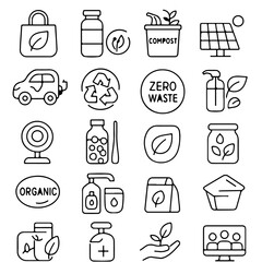 A collection of minimalist line icons representing environmentally conscious practices and sustainable living, promoting eco-friendly choices and values.