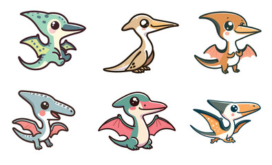 Six adorable cartoon pterodactyls with different color schemes and poses on a white background © Neko funny