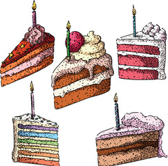 birthday cake piece set sketch hand drawn vector