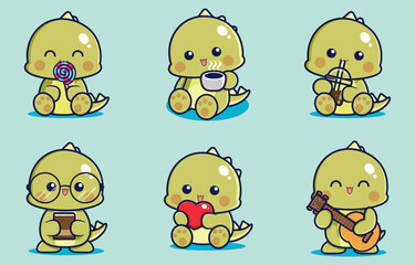 Six cute dinosaur characters with different accessories on a blue background