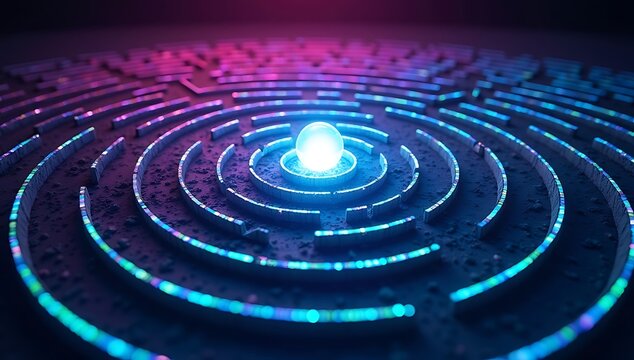 A surreal 3D spiral maze with glowing paths in vibrant neon colors and a single bright orb pulsing at the center, representing focus, insight, or enlightenment in the chaos of digital complexity.

