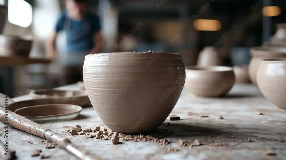 Poster close-up of a brown clay pot on a wooden table with tools and blurred background of a workshop. focu