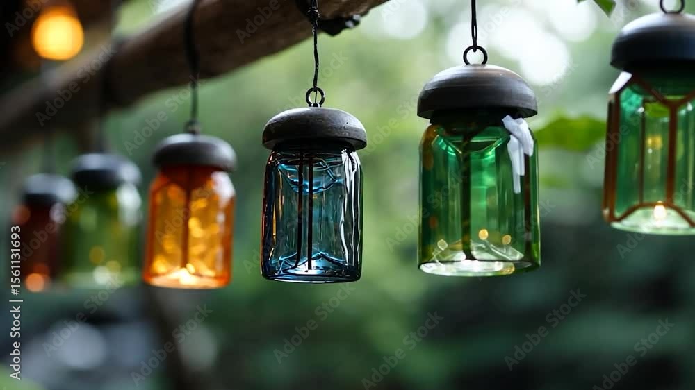 Poster close-up shot of colorful glass lanterns hanging from a tree branch with blurred green foliage in th