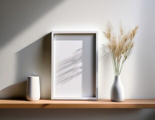 Minimalist mock up frame photography with empty white picture frame leaning against white wall on wooden shelf