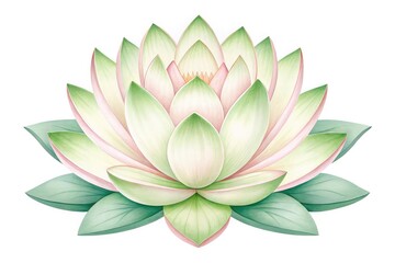 Delicate watercolor lotus flower with green and pink petals on white