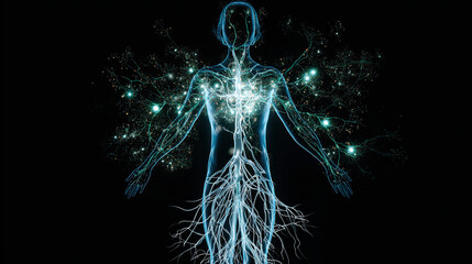 A glowing neural network branching into a human silhouette, connecting unexpectedly to other body systems.