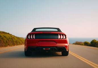 Fototapeta premium Red car convertible cruising along a picturesque coastal road, basking in the warm glow of a vibrant sunset