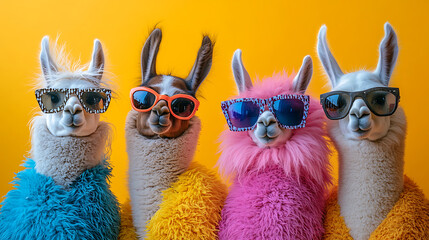 Four llamas wearing sunglasses and colorful clothes against a bright yellow background for playful fun