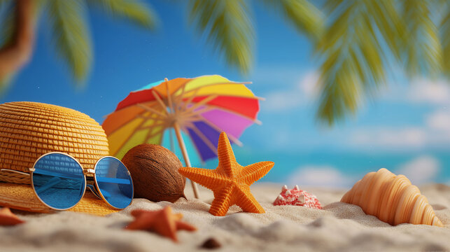 Seaside Essentials: A vibrant display of beach essentials on the shore, conjuring the spirit of summer.