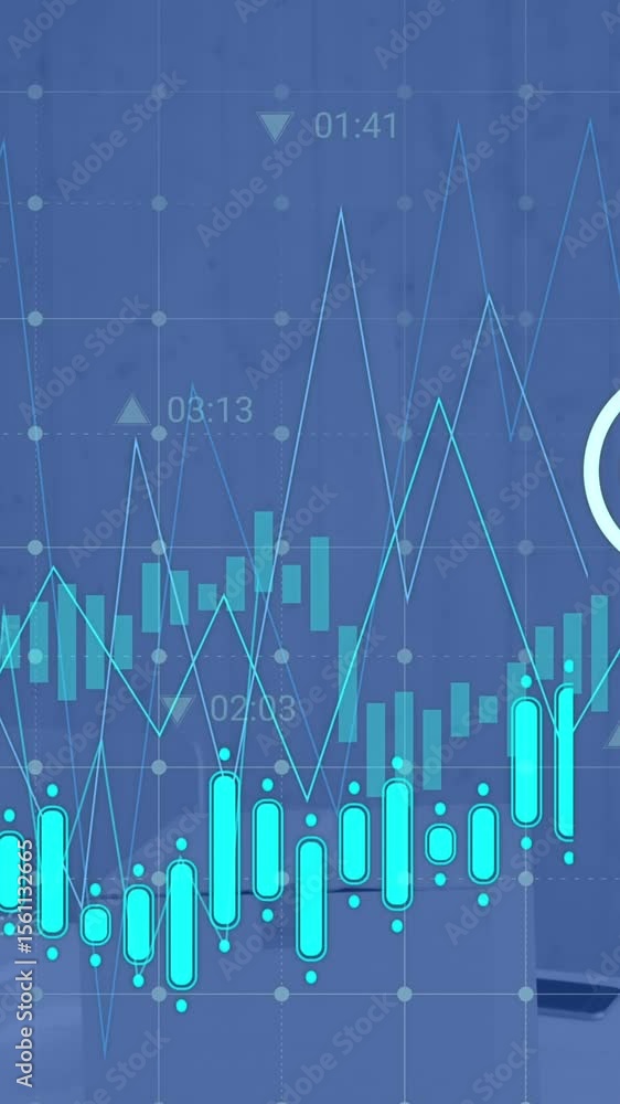 Poster Animation of digital icons and financial data processing against computer on office desk
