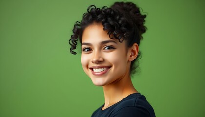 Fototapeta premium Woman with Curly Hairstyle Portrait Smiling Face Green Background Studio Shot