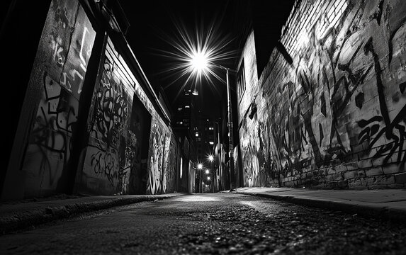 Fototapeta Black and white photo of a dark alleyway with graffiti covered brick walls