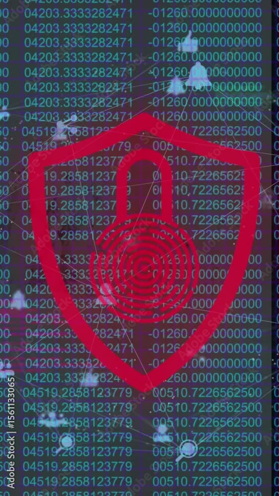Poster animation of network of digital icons spinning over security padlock icon against data processing