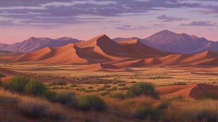 Fototapeta premium Vibrant desert landscape at sunrise, with reddish dunes and distant mountains. Vast plains, sparse vegetation, and a serene atmosphere.
