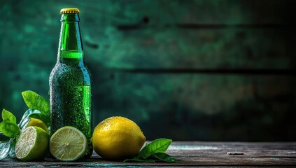 Green bottle of chilled beer, with limes and lemons on a rustic wooden table
