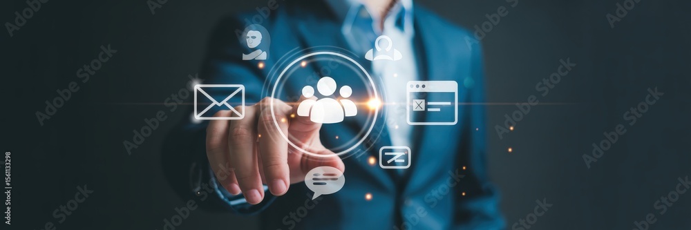 Poster a person interacts with a digital interface showing communication and contact icons.