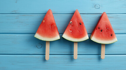 Watermelon Popsicles on Blue: Savor the refreshing taste of summer with vibrant watermelon popsicles elegantly arranged on a cool blue surface. The image captures the essence of summer treats.