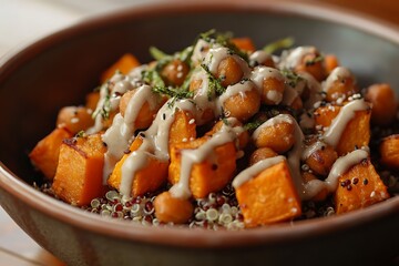 A handcrafted ceramic bowl filled with roasted sweet potato cubes, quinoa, and roasted chickpeas, topped with a tahini drizzle 
