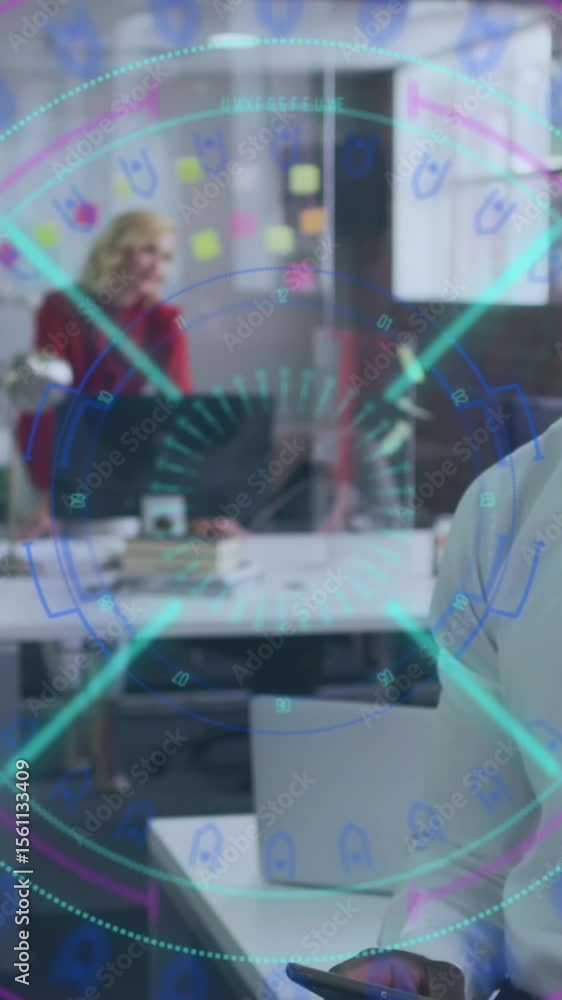 Poster animation of data processing with scope scanning over diverse business people