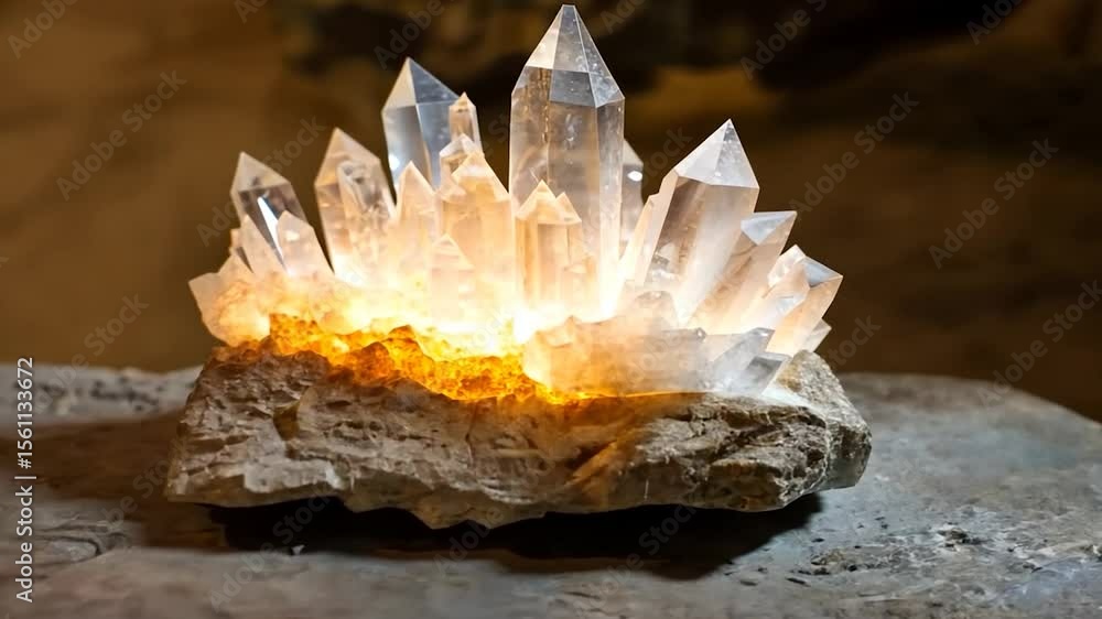 Poster illuminated crystal cluster on rough stone base with warm orange glow and light from behind. set in 