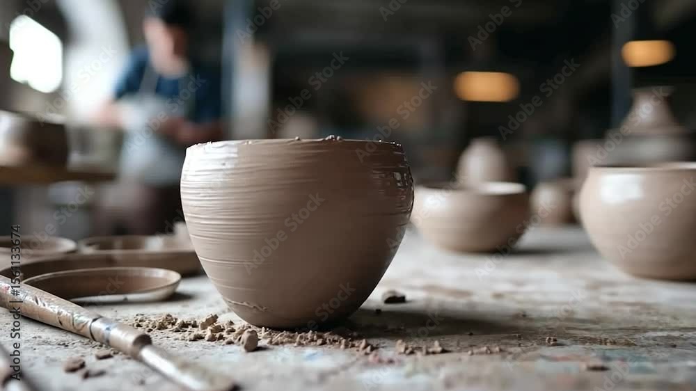 Poster close-up of a pottery wheel and clay pots with an artisan in the blurred background working in an in