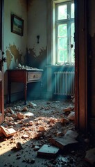 Obraz premium A chaotic scene of shattered objects and debris, strewn across a ravaged room, indicative of intense, uncontrolled rage and destruction , intense, anger, rage