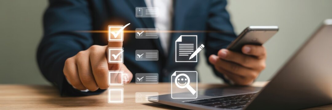 A person interacts with a digital checklist on a table. - Powered by Adobe