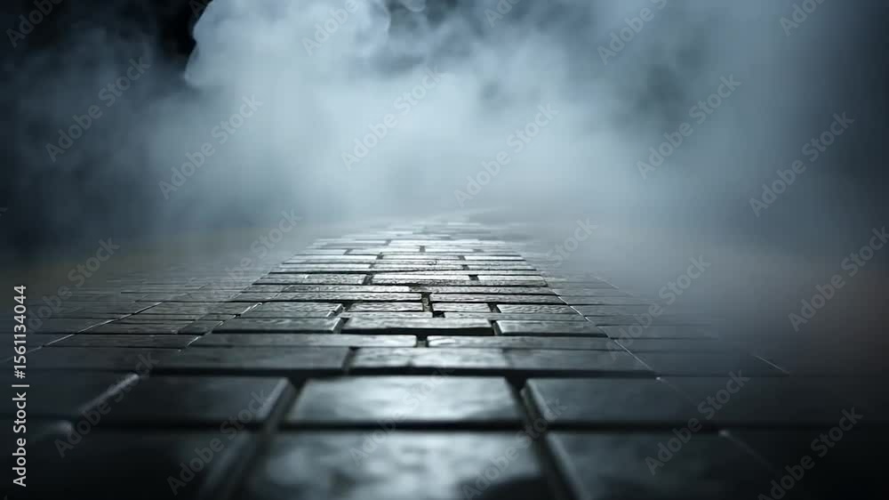 Poster a mysterious path of grey bricks leads into a hazy atmosphere dark background with dense fog creatin