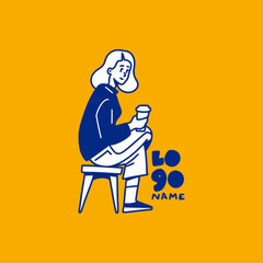 Girl. Women sit on coffee. Hand drawn. Illustrations. Logo