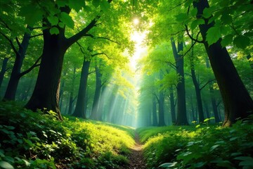 Fototapeta premium Lush green forest canopy, dappled sunlight filtering through leaves, vibrant foliage, tranquil nature scene Perfect for environmental, nature, and travel themes , twigs, nature