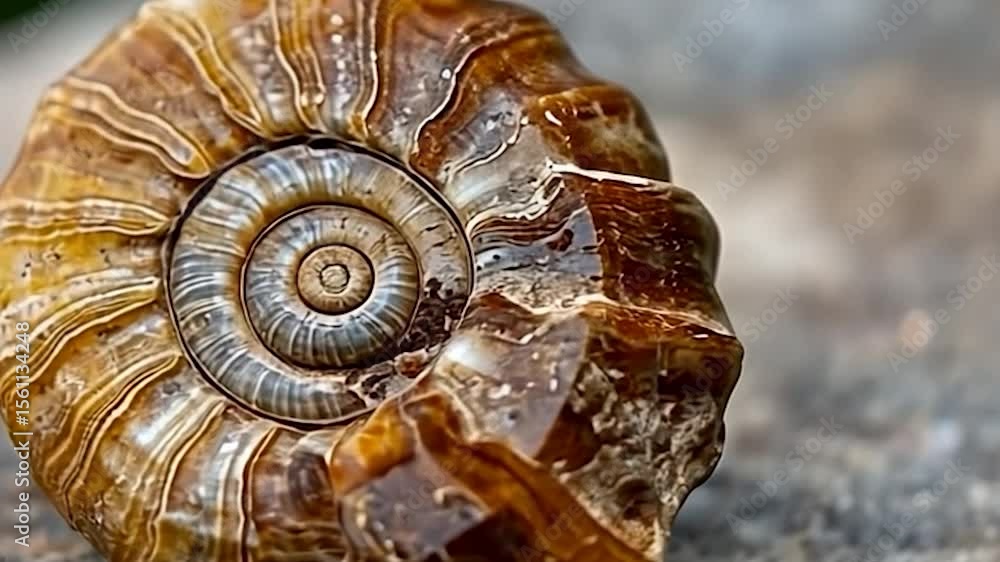 Poster close up macro shot fossil of a spiral invertebrate shell showing detailed textures and colors