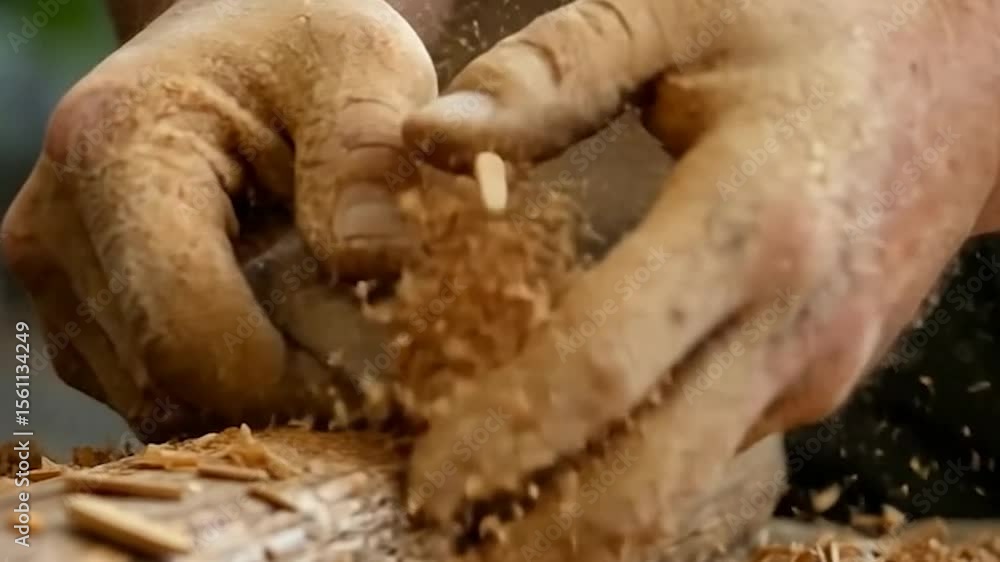 Poster close-up of skilled hands carving wood with a tool creating a pile of wood shavings a craft and manu