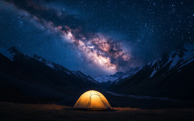 Illuminated tent under the milky way with mountains in the background at night