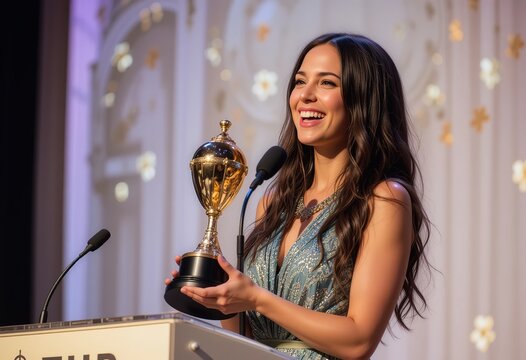 Confident woman holds trophy on stage after receiving award. Joyful expression beaming smile. Celebration achievement success recognition. Happiness pride winner. Performance speech, 32k resolution
