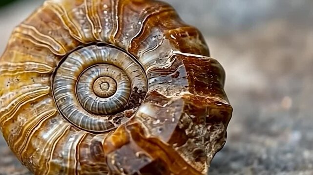 Close up macro shot fossil of a spiral invertebrate shell showing detailed textures and colors