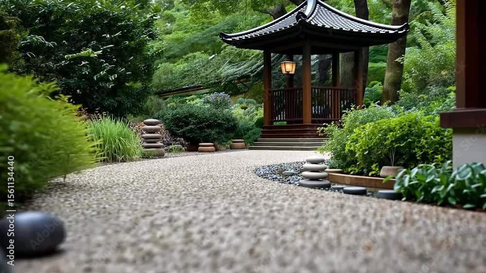 Poster serene landscape featuring a path leading to a structure with a lantern. lush greenery surrounds the
