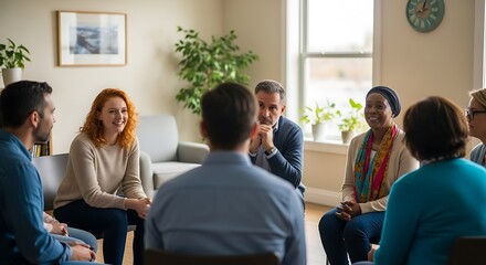 Diverse group of people seated in a circle, engaged in a supportive discussion or therapy session.