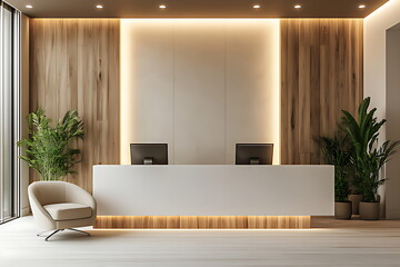Modern Reception Desk with Marble Floor and Wood Wall